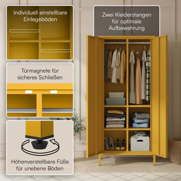 Металева шафа Skølm Ituri, гірчично-жовта Шафа з 6 полицями та 2 рейками для одягу Шафа для передпокою шириною 80 см Шафа для спальні в індустріальному стилі Сталева шафа для вітальні та офісу, гірчично-жовта без шухляд