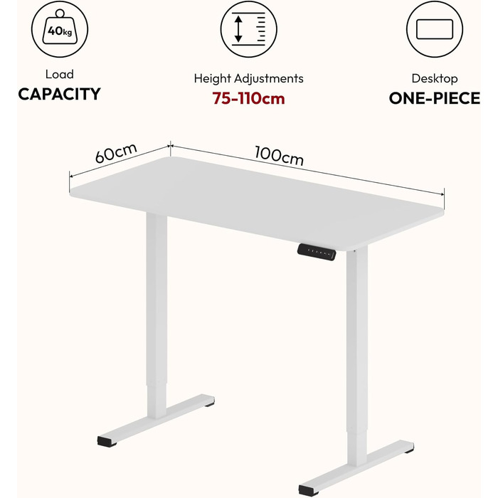 Письмовий стіл з регульованою висотою 10060 см із суцільною стільницею компактний стіл для роботи стоячи та сидячи для невеликих приміщень, ергономічний та стильний, білий 100 x 60 см білий