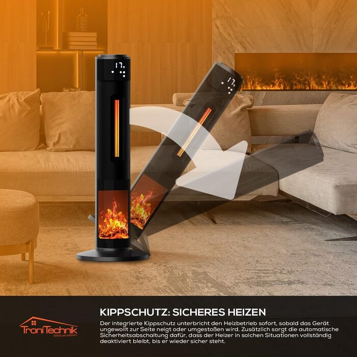 Окремостоячий обігрівач Tronitechnik вежа 1000/2000 Вт з пультом дистанційного керування, таймером, ефектом димоходу, керамічним вежевим обігрівачем, функцією коливань, TT-KH-73 - чорний