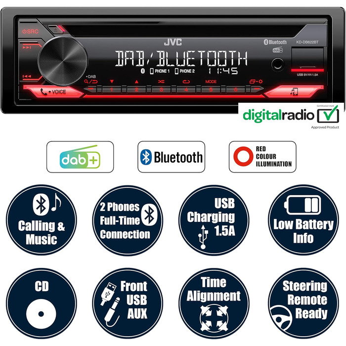 Автомагнітола JVC KD-DB622BT CD з системою гучного зв'язку DAB і Bluetooth (звуковий процесор, USB, AUX-вхід, Spotify Control, 4 x 50 Вт, підсвічування червоної клавіші, без антени) Одинарний