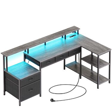 Г-подібний стіл Rolanstar з шухлядами, двосторонній ігровий стіл з розеткою, світлодіодним освітленням та підставкою для монітора, комп&39ютерний стіл 163 см для офісу, кабінету, спальні, сірий