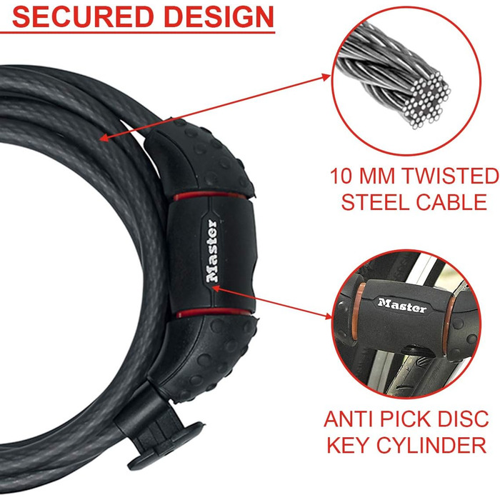 Тросовий замок для велосипеда Master Lock, ключ, сталевий трос 1,8 м, водонепроникний, з кронштейном, 8130EURDPRO - Використовуйте з усіма типами велосипедів, колясок та іншого спортивного спорядження. Чорний, 29,0 см x 14,8 см x 4,0 см.