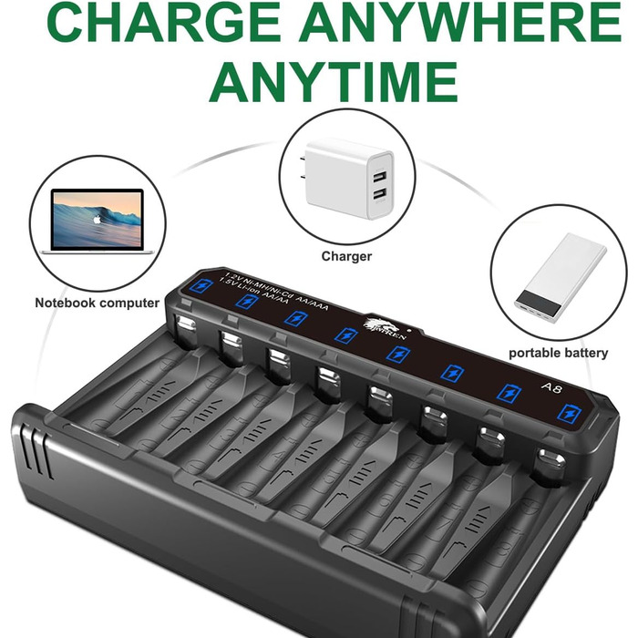 Зарядний пристрій IMREN для літієвих акумуляторів типу AA AAA, зарядний пристрій для акумуляторів типу AA AAA 1,5 В для літієвих та 1,2 В для нікель-метал-гідридних/нікель-дегідних акумуляторів типу AA AAA, функція швидкої зарядки 5 В 2 А через вхід USB-C