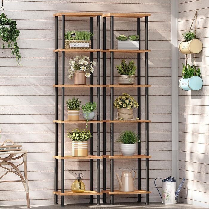 Ярусна книжкова полиця HOOBRO, окремостояча полиця в ретро стилі, полиця для DVD, офісна полиця, відкриті полиці, легке складання, для вітальні, офісу, вінтажний коричневий та чорний EBF165SJ01 38 x 28 x 166,5 см, рустикальний коричневий чорний, 6-