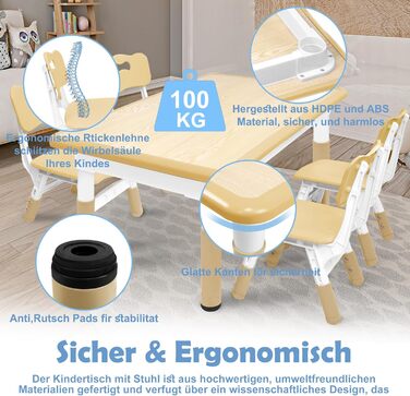 Дитячий стіл UISEBRT з 4 стільцями, Дитячий комплект сидіння з регульованою висотою для дітей від 2 років, Пластиковий комплект столів, Дитячі меблі для дитячого садка та дитячої кімнати (Колір дерева, 120 x 60 x 60 см) 120 x 60 x 60 см Колір дерева