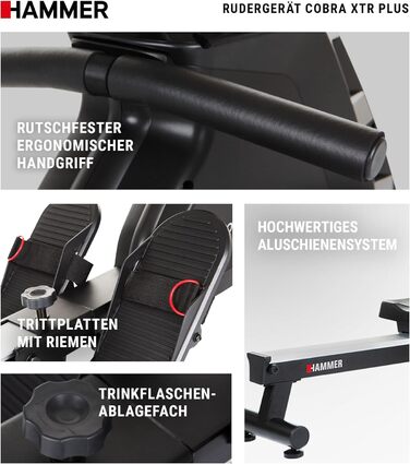 Гребний тренажер Hammer Cobra XTR Plus II для домашнього використання гребний тренажер з інноваційним тренувальним компютером, тримачем для смартфона/планшета, вага користувача до 130 кг, 232 x 55 x 75 см, чорний, 4532