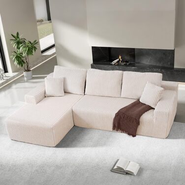 Кутовий диван Cloud, L-подібний модульний кутовий диван з глибоким сидінням, диван без опорних стійок для вітальні та спальні, кремова вельветова оббивка, лівий шезлонг бежевого кольору, 105&39