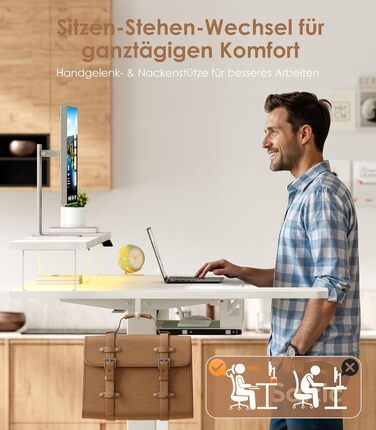 Подібний стіл OffiGo з регульованою висотою, електричний стіл для роботи сидячи/стоячи 140 см з підставкою для монітора, розетками та портом заряджання USB, стіл для роботи стоячи зі світлодіодним підсвічуванням, комп&39ютерний стіл для домашнього офісу, 