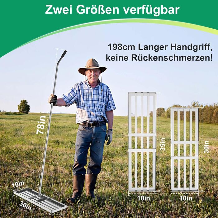Професійний вирівнювач газону з нержавіючої сталі 76x25 см, з міцною металевою ручкою 201 см. Важкий рівневий грабель для піскування та вирівнювання трави для саду, подвір'я, гольф-поля та пасовища.