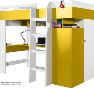Ліжко-горище/двоярусне ліжко, композиція MOBI System 20 з письмовим столом і шафою. Комплект дитячих меблів. (білий/жовтий)