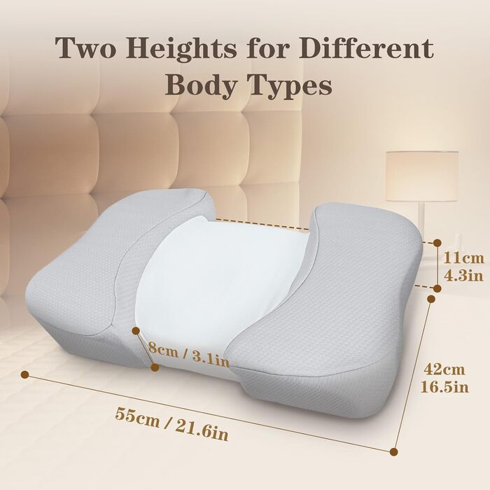 Подушка HOMCA для сну на спині, косметична подушка проти старіння, косметична подушка з піни з ефектом пам&39яті, проти зморшок, підтримує голову та шию, знімна, чохол, який можна прати, сірий