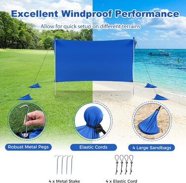 Пляжний сонцезахисний намет HOMASIS, сонцезахисний намет UPF 50, пляжний намет з лайкри з кріпленнями для піску та 4 мішками з піском, сонячне вітрило з 2 опорними стійками та сумкою для перенесення, сонцезахисний навіс для пляжу та саду (синій, 230 x 200