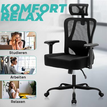 Ергономічне офісне крісло, обертове крісло з функцією гойдання, офісне крісло з регульованим підголівником, 2D підлокітники, крісло керівника з сітки, поперекова підтримка, функція гойдання 90-125, вантажопідйомність 120 кг Black-1