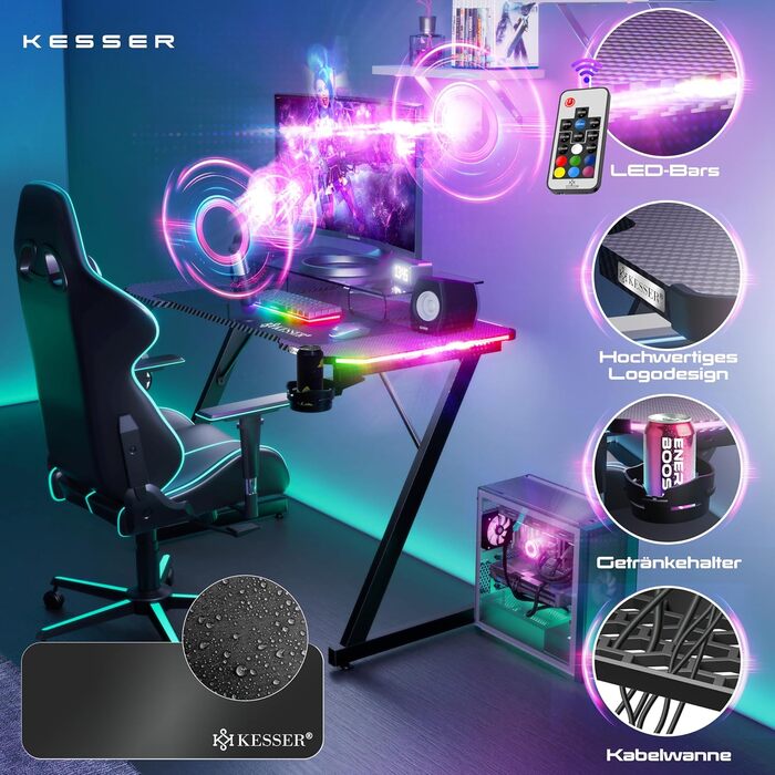 Ігровий стіл KESSER зі світлодіодним освітленням, 120 см x 60 см Z-подібний ігровий стіл Кріплення для навушників та покриття з вуглецевого волокна Ергономічний комп&39ютерний стіл Міцний стіл з підсклянником, чорний, 120 x 60 см, вуглецеве волокно зі сві