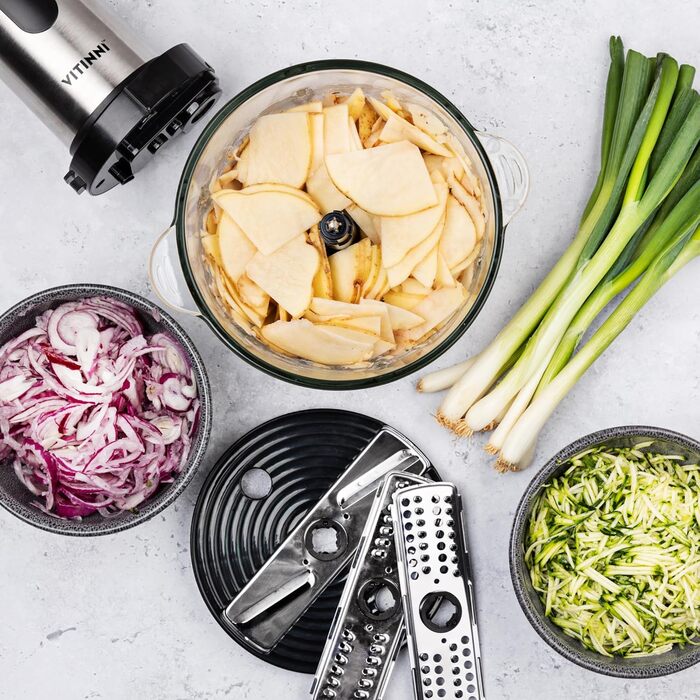 Кухонний комбайн Vitinni, скляна чаша 2 л, нарізка, подрібнення, пюре, подрібнення, тертка, просте управління одним натисканням кнопки, універсальний подрібнювач овочів, фруктів і м'яса, 350 Вт