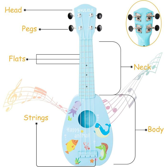 Дитяча гітара, 17-дюймова акустична гітара дитяча, укулеле з 4 струнами і медіаторами, підходить для початківців і дітей, новорічні подарунки (синя) 17 дюймів, синя