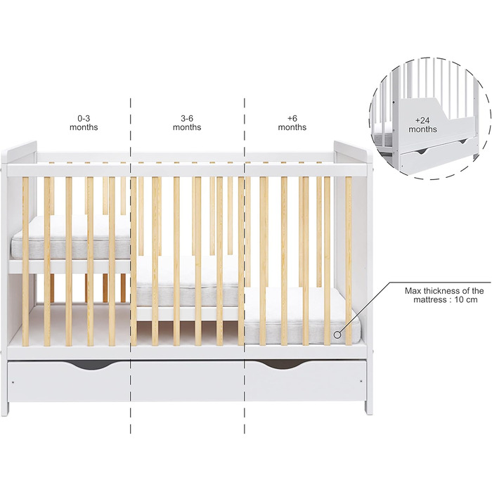 Дитяче ліжечко/спальне місце Love For Sleep 120x60 см з поролоновим матрацом та стьобаним чохлом, дитяче ліжко Tokyo білого кольору з сосни, дерев&39яне дитяче ліжко - трансформоване дитяче ліжко, білий/сосна