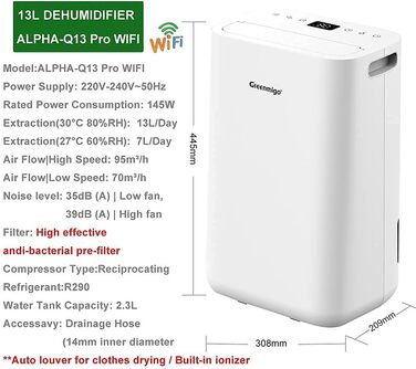 Осушувач повітря 13 л/добу (ALPHA-Q13 Pro WiFi),Осушувач підходить для приміщень площею від 20 м до 50 м,для приміщення підвалу кв