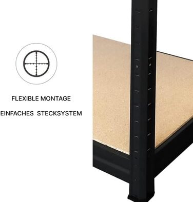 Міцний стелаж типу XS - ВxШxГ 180 x 75 x 35 см - Чорний - Вантажопідйомність 750 кг - Безболтовий стелаж з 5 полицями - Навантаження на полицю 150 кг - Зроблено в ЄС - Міцний металевий стелаж - Стелаж для зберігання - Стелаж для майстерні типу XS - 180 x 