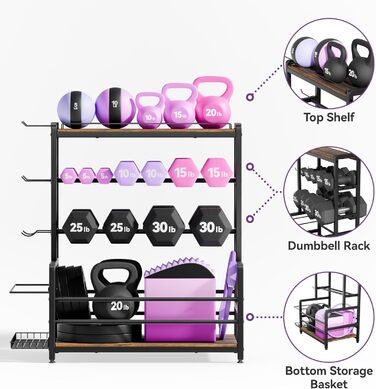 Стійка для гантелей для домашнього тренажерного залу, 3-рівнева підставка для зберігання гантелей та гирь, тримач для медичних м&39ячів, сталевий органайзер 272 кг з кошиком для килимка для йоги, гачками та регульованими ніжками, 60 40 см