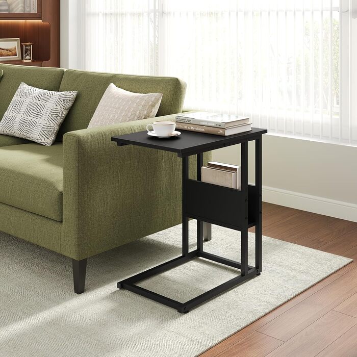 Приставний столик Журнальний столик Диванний столик Тумбочка Приліжковий столик Столик для ноутбука, металевий каркас, стільниця з ДСП, 55x36x59,5 см (ШxГxВ), чорний TS79sz