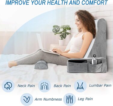 Подушка для читання HOMCA для ліжка та дивана, подушка для книги зі знімним валиком для шиї та підлокітником, подушка для спини для ліжка, настінна подушка, багатофункціональна клиноподібна подушка для читання, роботи, перегляду телевізора (36x40x48 см)