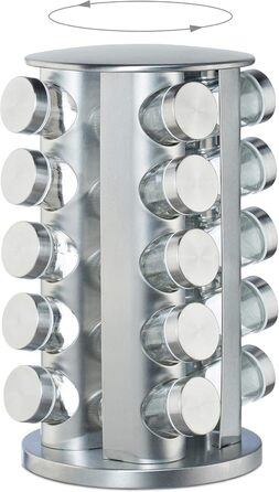 Карусель для спецій Relaxdays з 20 баночками для спецій, обертається на 360, контейнери для спецій для посипання, висота 34,5 см, нержавіюча сталь, срібло