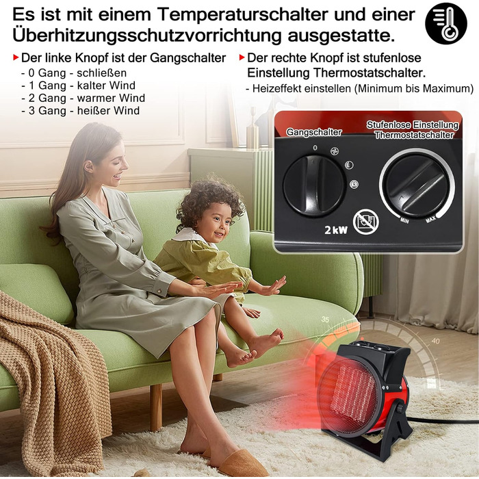 Електричний керамічний обігрівач UISEBRT потужністю 2000 Вт, енергозберігаючий електричний вентилятор-обігрівач із захистом від перегріву, 2 режими нагріву, будівельний обігрівач для будівельних майданчиків, будинків, майстерень, квартир та гаражів