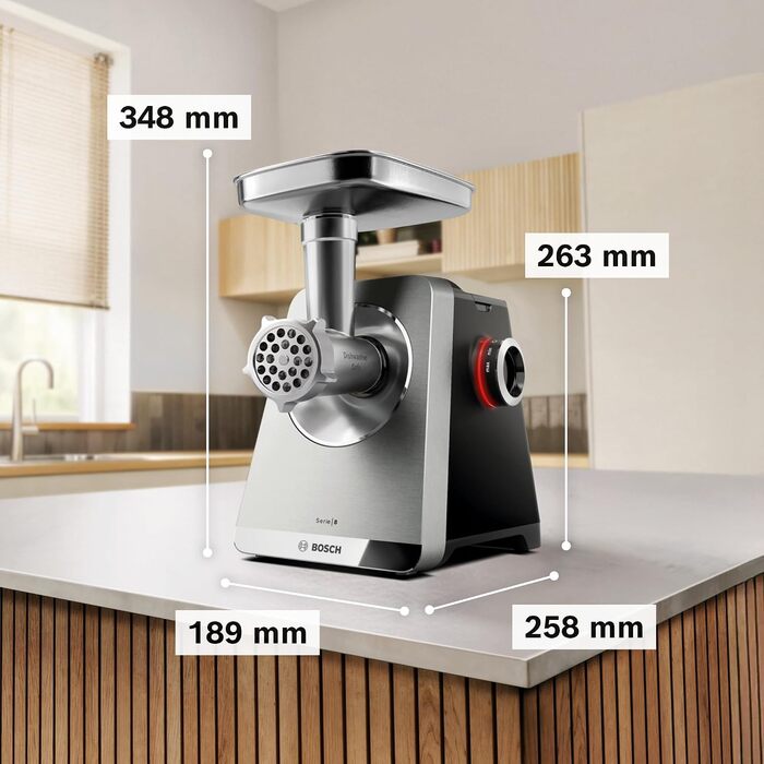 Електрична м'ясорубка Bosch Serie 8 MultiPower MFWS840M, 2500 Вт, нержавіюча сталь, 3 диски (3/4.5/8 мм), насадки для кеббе та ковбас, шинка-терка, придатна для миття в посудомийній машині