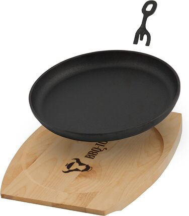 Чавунна сервірувальна сковорода BBQ-Toro з дерев'яною основою (6 шт. ) Ø 22 см - кругла вже запечена - попередньо приправлена сков