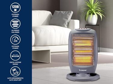 Галогенна нагрівальна панель BEPER P203PAN011, 400/800/1200 Вт, 3 нагрівальні елементи, 3 рівні потужності, автоматичне горизонтальне коливання, функція ECO та автоматичне вимкнення, сіра