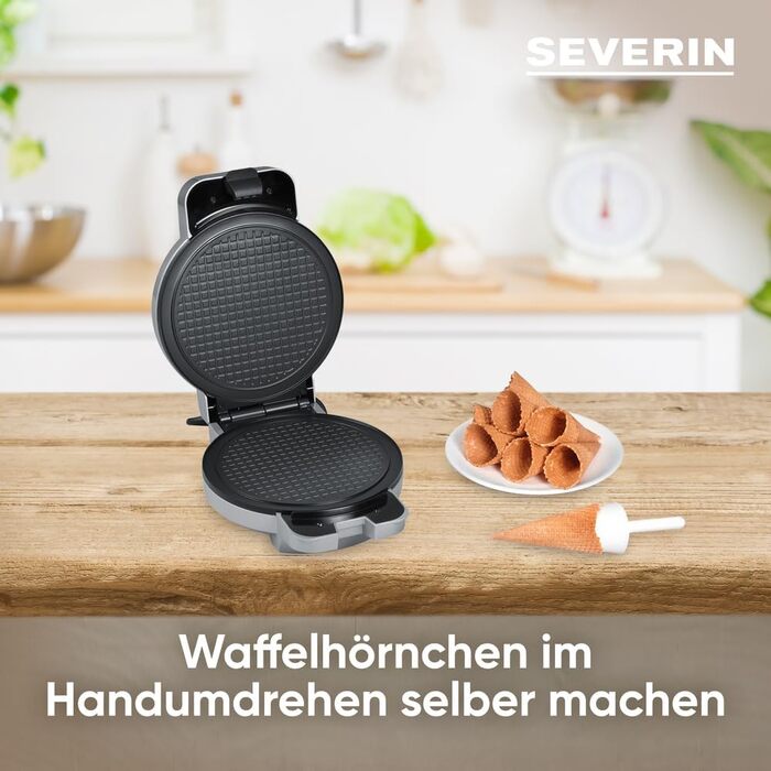 Торговий автомат SEVERIN Squirrel для хрустких вафельних ріжків, практична вафельниця для морозива з антипригарним покриттям, конусна праска з конусом для формування конусів, срібло, HA 2082