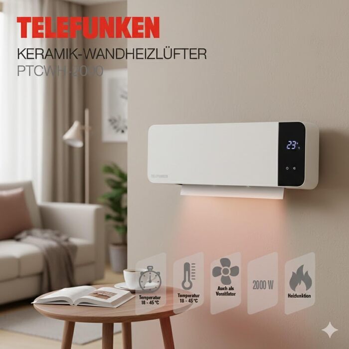 Керамічний настінний вентилятор-обігрівач Telefunken PTCWH-2000W Світлодіодний дисплей з цифровим термостатом та пультом дистанційного керування, функція таймера, коливання, вентилятор, захист від перегріву, 18-45C