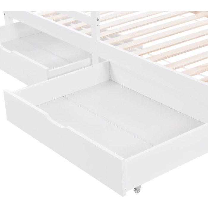 Дитяче ліжко Merax 90x200 см із захистом від падіння, дитяче ліжко-будиночок з шухлядами та полицею для зберігання, міцне дерев&39яне ліжко-будиночок на дереві з рейковою основою, ігрове ліжко для хлопчиків та дівчаток, біле 90 x 200 см, біле з шухлядами