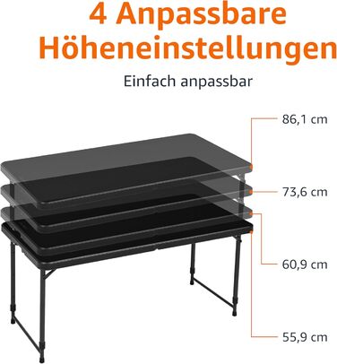 Розкладний стіл Storeo Basics, прямокутний, регульований по висоті в 4 напрямках з ручкою для перенесення, для використання в приміщенні та на вулиці, портативний, легкий, дорожній стіл, для пікніка, кемпінгу, чорний, 121,4 x 60,7 x 86,1 см, 1,2 м, митий 