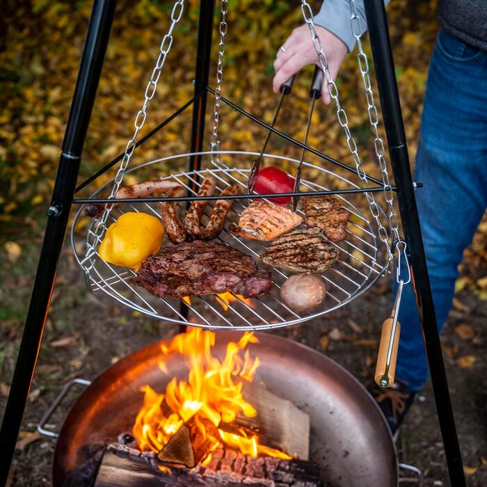 Гриль-тринога з ланцюгом, висота 150 см, з решіткою 46 см, чашею для вогню 50 см, вугільний гриль