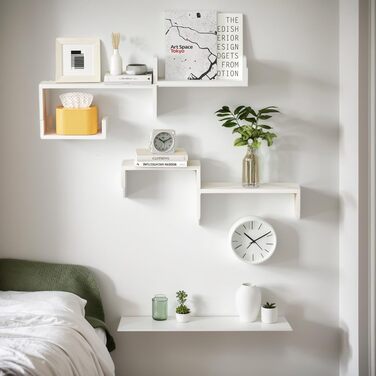 Настінна полиця SRIWATANA Біла, 5 шт. , дерев&39яна настінна полиця, плаваючі полиці, максимальне навантаження 40 кг, сучасний декор настінних дощок, настінні підвісні полиці своїми руками для вітальні, ванної кімнати, спальні, офісу, кухні (чисто біла)