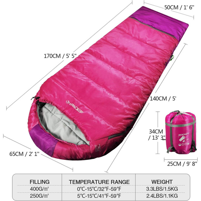 Дитячий спальний мішок REDCAMP для хлопчиків та дівчаток 175 x 65 см, матусин спальний мішок, зручний, легкий, теплий, регульована довжина, 3 сезони, підходить для кемпінгу та активного відпочинку, синій/рожевий. Наповнювач 0,1 кг.