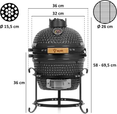 Вугільний гриль Haiiro Ø 32 см з термометром, дерев'яна ручка сірий Керамічний гриль Kamado, міні-гриль на вугіллі, міні-гриль кам