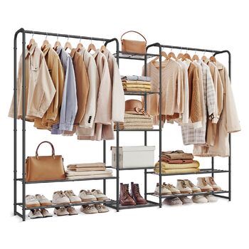 Вішалка для одягу, Відкрита шафа, Вішалка для одягу, Вішалка для пальто з полицями, Металева шафа, Окремостояча, 29 x 183 x 158,4 см, Матовий чорний LGR463B01 183B см Матовий чорний