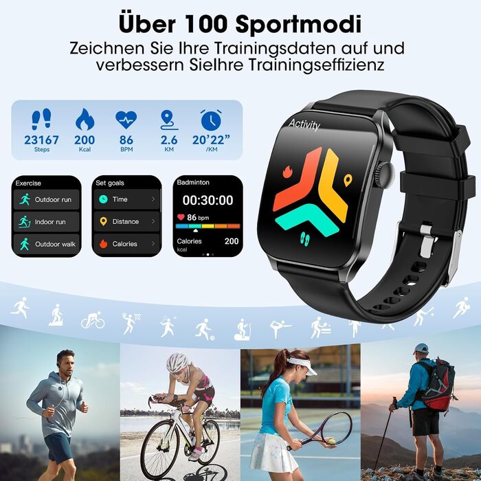 Розумний годинник для чоловіків та жінок, вигнутий HD-дисплей 1,91 дюйма, розумний годинник із Bluetooth-дзвінками, понад 100 спортивних режимів, фітнес-годинник із монітором серцевого ритму/сну/крокоміром, водонепроникний спортивний годинник IP67 для And