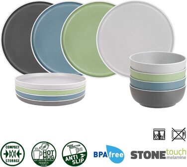 Набір меламінового посуду для кемпінгу 12 предметів - Тарілки та миски для 2-4 осіб DOLOMIT Midday - Штабелюється, стійкий до подряпин Midday, 12 предметів