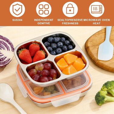 Набір з 2 контейнерів для перекусів з роздільниками, нержавіюча сталь, 17,5x17,5x4,5 см, 600 мл. Контейнер з 4 відділеннями та пластиковою кришкою, штабельовані, для зберігання їжі, сендвічів, для школи, роботи (4 відділення)