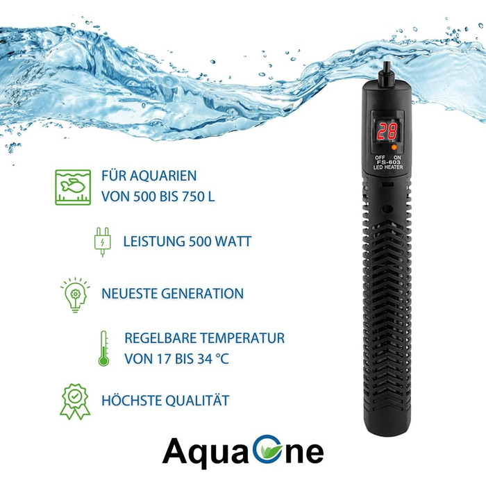 Цифровий нагрівальний елемент для акваріума AquaOne потужністю 500 Вт Нагрівач для акваріумів об&39ємом до 750 л Керований нагрівач для прісноводних та морських акваріумів Регульований електричний нагрівач Aquaheat