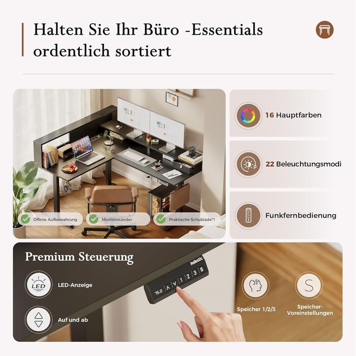 Г-подібний письмовий стіл Klicelor з регульованою висотою та шухлядами, 160 x 140 см, кутовий стіл з підставкою для монітора, комп&39ютерний стіл з функцією сидячи/стоячи з розетками та світловою стрічкою, чорний 160 x 140 см з вилкою та світлодіодним під