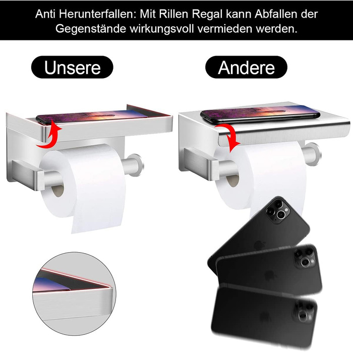 Тримач для туалетного рулону без свердління з полицею, тримач для туалетного рулону Ausbond з нержавіючої сталі SUS304 настінний т