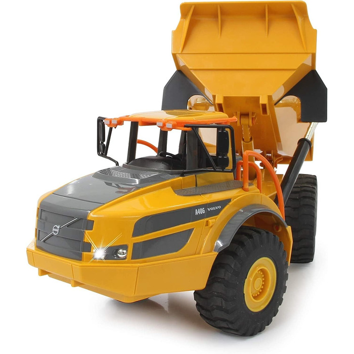 Позашляховий самоскид Volvo A40G 120 2,4GHz - реалістичне рульове управління, підйом/опускання кузова, реалістичний звук двигуна (з можливістю вимкнення), демонстраційний режим, повний привід, автоматичний режим очікування, жовтий, 405056