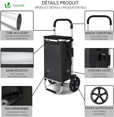 Алюмінієвий складаний візок для покупок 58л з водонепроникною сумкою та термо-відсіком, 2 великих колеса з брудозахисними крилами, складаний візок-драбина, чорний 58л