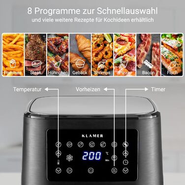 Фритюрниця KLAMER 5.5 л XXL, безмасляна фритюрниця, 1700 Вт зі світлодіодним сенсорним екраном, цифрова німецька книга рецептів, багатофункціональна міні-фритюрниця без олії 5.5 л з нержавіючої сталі