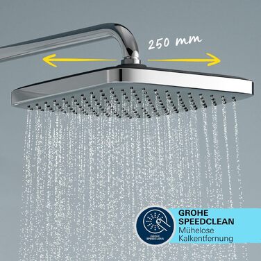 Душова система GROHE Vitalio 250, водозаощаджувальна (8 л/хв), з термостатом, поворотним тропічним душем, блокуванням при 38C та системою проти вапняного нальоту, квадратна, хром, 26696001